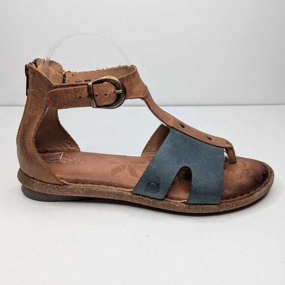 Born Shoes - Born Timina sandals full grain leather t-strap heel zip tan blue size 8